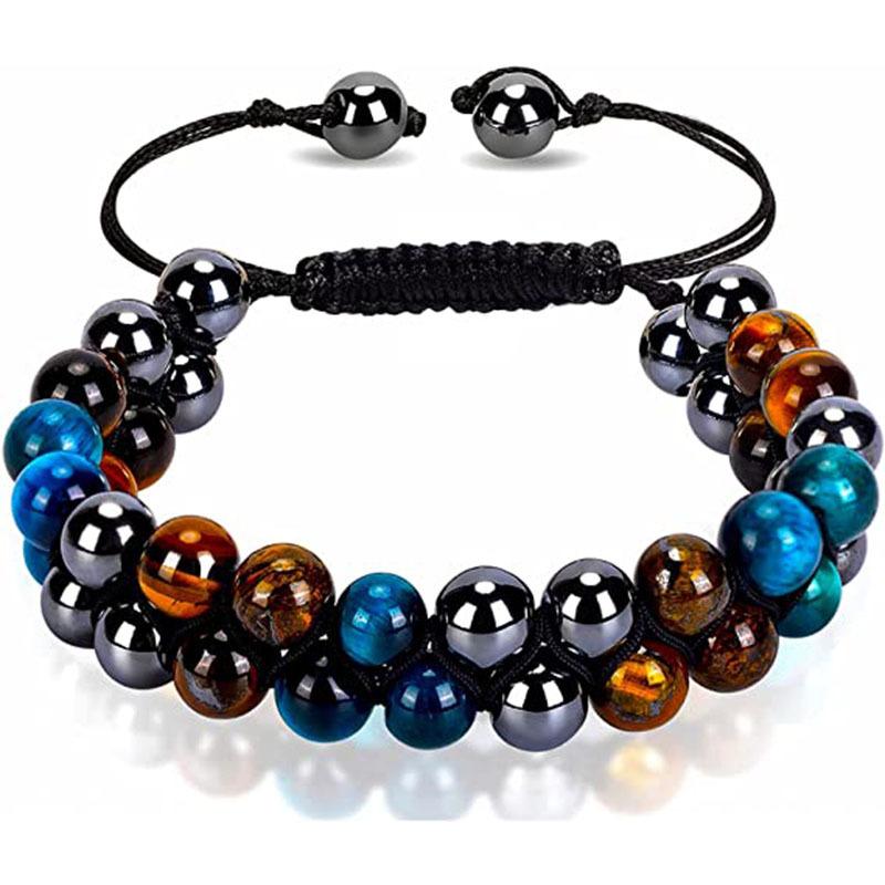 8MM Blue Tiger's Eye Black Magnet Bracelet Double Layer Handwoven Black Agate Double Row Bracelet Men's