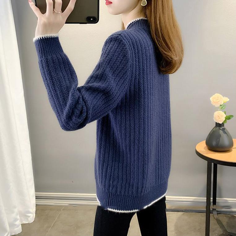 WTEMPO Thick Warm Long Sleeve Knitted Pullovers Half High Striped Sewaters Women's Autumn Winter Loose Bottoming Sweaters
