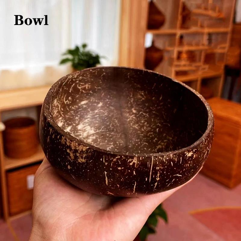 Natural Coconut Shell Bowl And Spoon Set For Serving Dishes Salad Wooden Reusable Kitchen Tableware Coconut Bowls Fruit Bowl