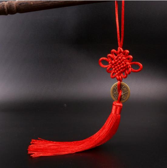 Handmade Feng Shui Car Pendant: Pure Copper Five Emperors Coins with Peach Wood Gourd and Chinese Knot