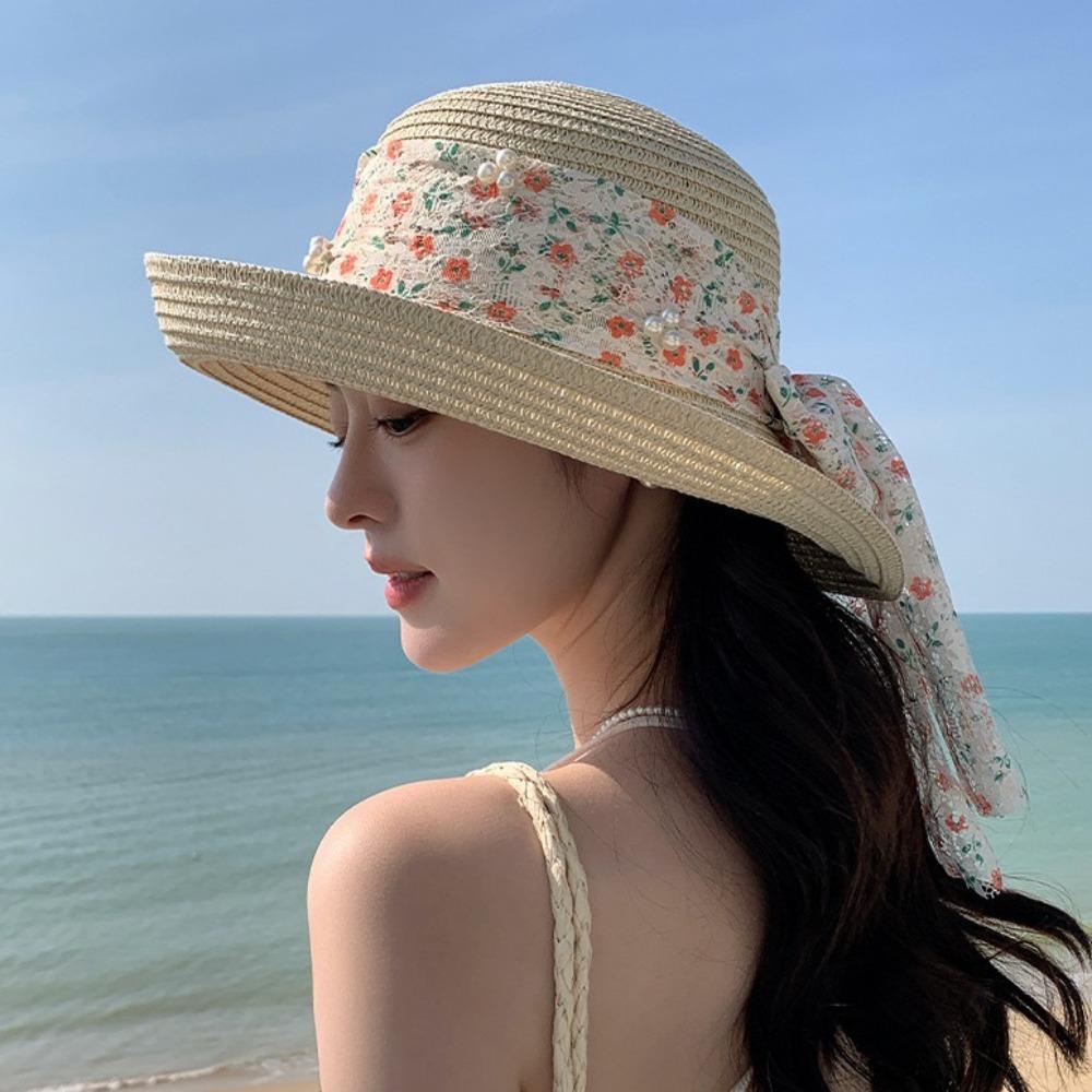 Large Brim Lace Bowknot Straw Hat Breathable Wide Brim Sun Hat Flower Fisherman Cap  Summer