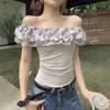French Floral Ruffle Edge Slanted Shoulder Off-the-shoulder Short-sleeved T-shirt for Women's Summer Slim-fit Inside Slim-looking Spice Girl Short Top
