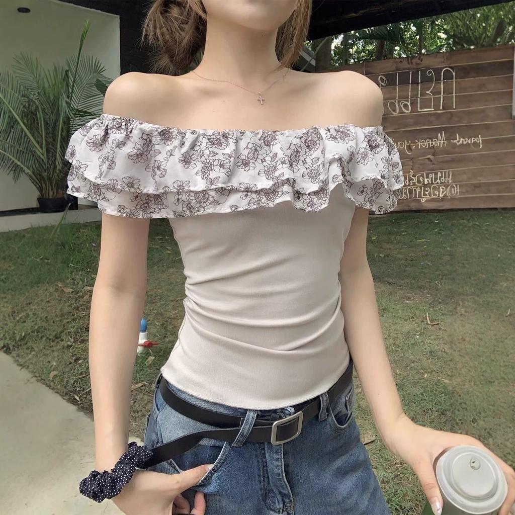 French Floral Ruffle Edge Slanted Shoulder Off-the-shoulder Short-sleeved T-shirt for Women's Summer Slim-fit Inside Slim-looking Spice Girl Short Top