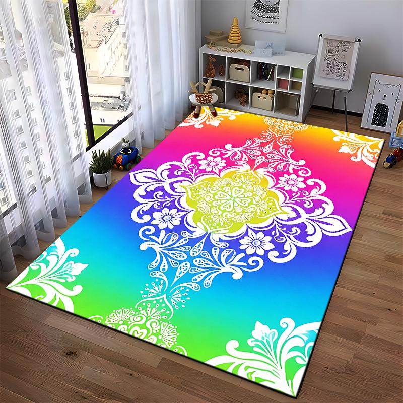 Rainbow Gradient Carpet with White Floral Mandala Pattern Design Suitable for use as an anti-slip for living room bedroom sofas