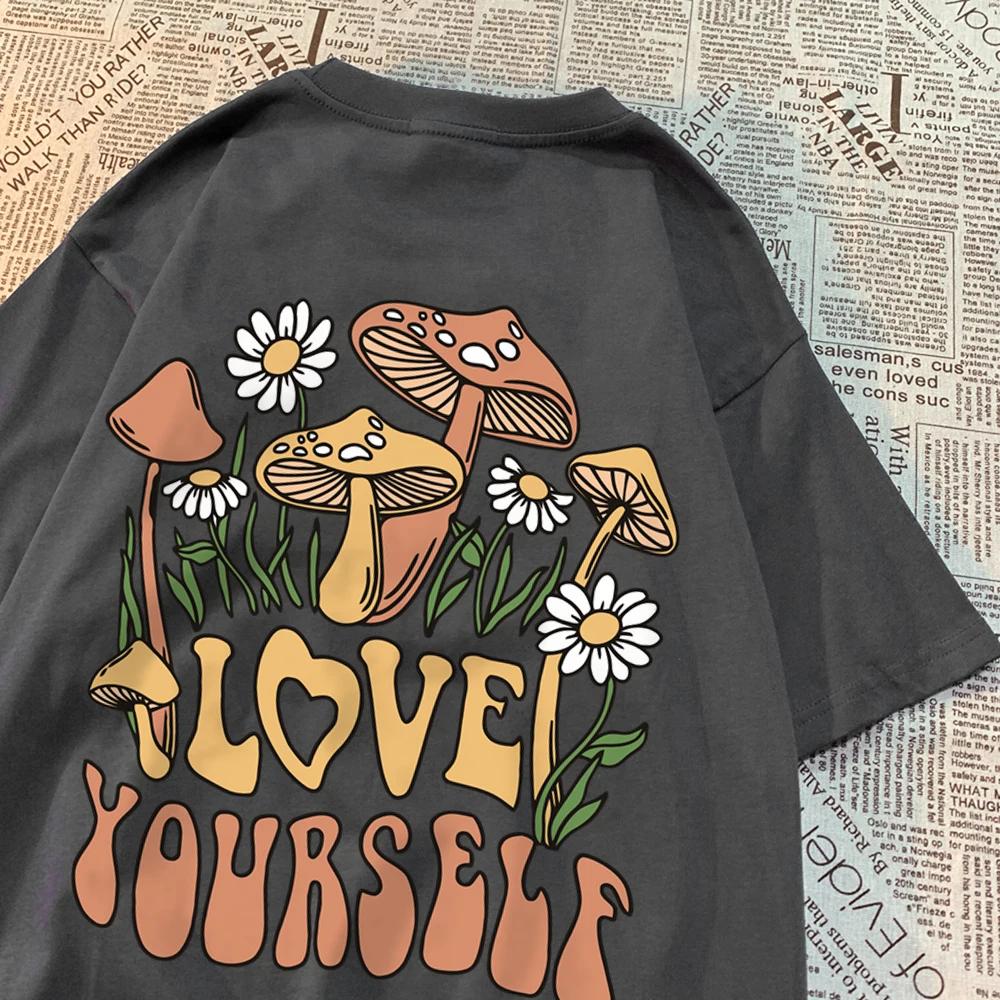 Cottagecore Style Mushroom Love Yourself Mens Tshirt Oversized T-Shirts Oversized Cotton T Shirts Breathable Women Short Sleeve