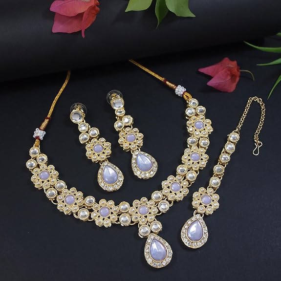 Gold Plated Traditional Kundan Stone Choker Necklace With Earrings & Maang Tikka Jewellery Set for Women