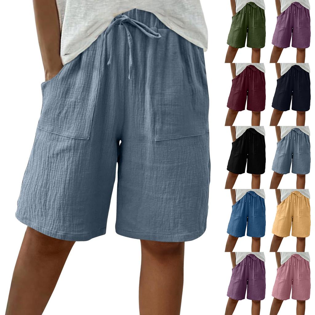 Women's Fashion Cotton-Linen Blend Pocket Elastic Waist Loose-Fit Casual Cropped Pants