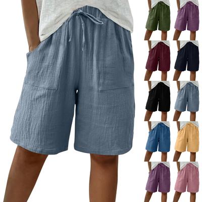 Pantaloni Corti Casual da Donna in Misto Cotone e Lino con Tasche, Vita Elastica, Vestibilità Larga