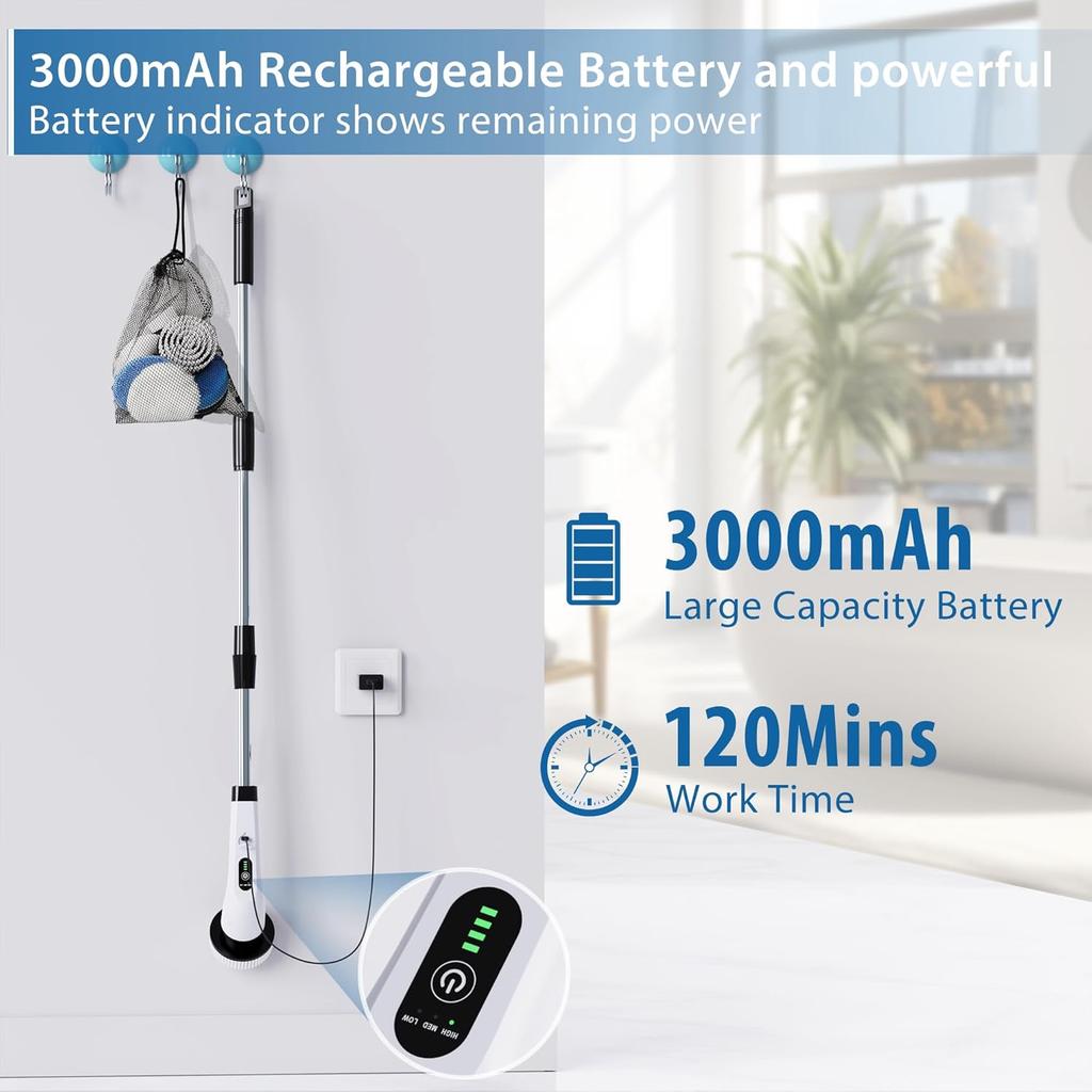 Electric Cleaning Brush2-gear Cordless Rotary Floor Scrubber Wireless with Adjustable Extension Handle Perfect for Home Kitchen