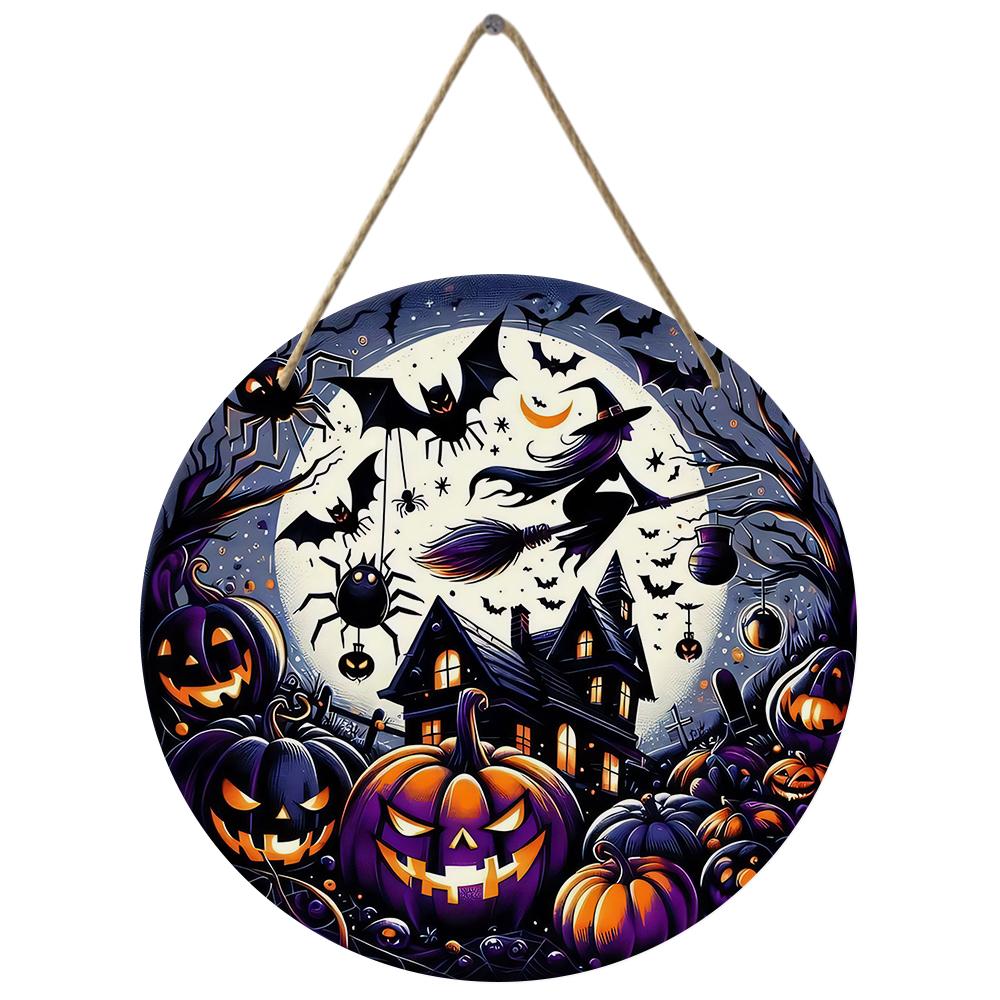 Spooky witch pumpkin haunted house Round Wooden Hanging Plaque wall art home decor porch front door sign Halloween party ornament supplies