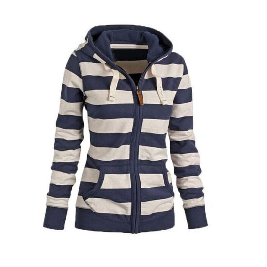 

Женская теплая полосатая толстовка с капюшоном с капюшоном и карманами, куртка на молнии, пальто XL синий