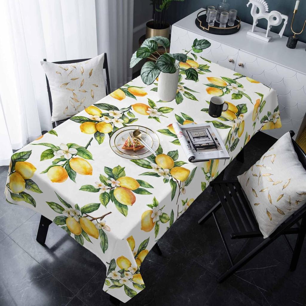 Summer Yellow Lemon Floral Print Rectangle for Table Decor Washable Green Leaves Flowers Kitchen Dining Table Cloth Party Decor