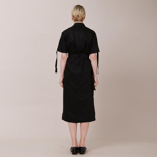 WUNDER GEIST Tailored Collar Short Sleeve Strap Long Dress (Black)