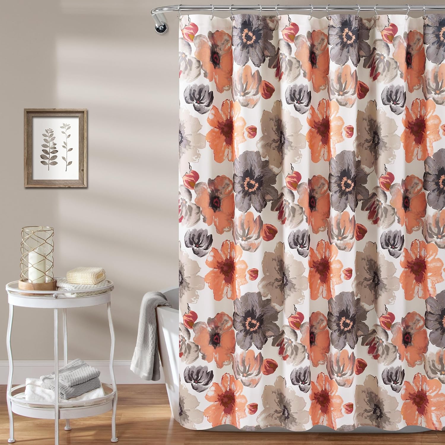 

Lush Decor Leah Floral Shower Curtain, 72 W x 72 L, Coral & Gray - Fabric Shower Curtains - Watercolor Botanical Bathroom Curt 90x180cm
