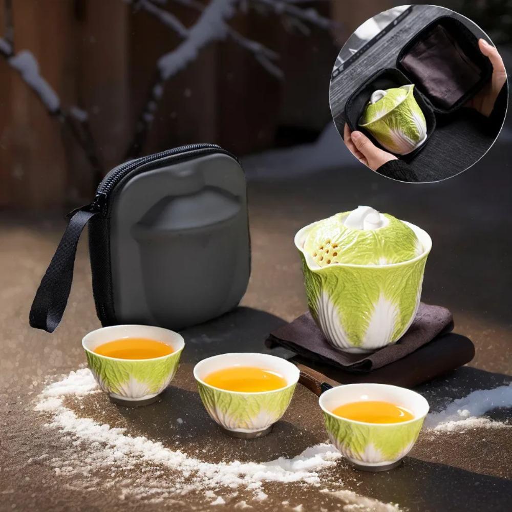 Creative Cabbage Travel Tea Set Ceramic Three Cup Outdoors Kuaike Cup Creative Portable Teaware Sets