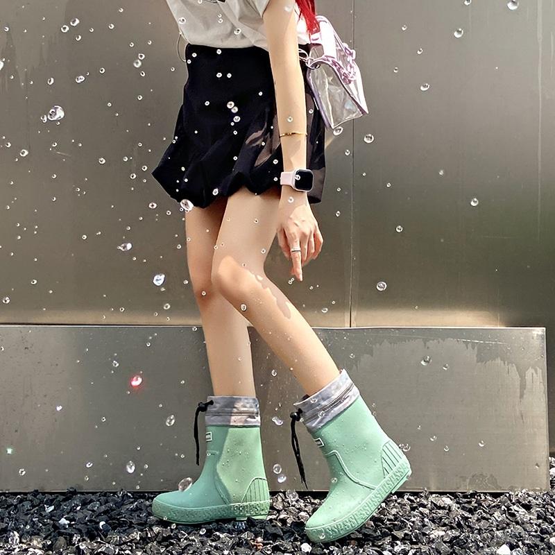 Women's Mid To Short Tube Rain Boots With Waterproof And Anti Slip Flat Heels, Casual Outdoor Rain Boots