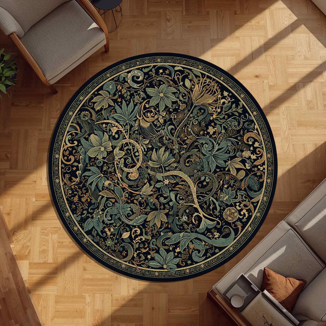 

Vintage Floral Wreath Round Rug Luxury Victorian Botanical Decor Soft Non-Slip Floor Carpet Elegant Classic Home Mat 80cm x 80cm