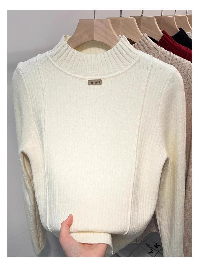 Women's Mink Fleece Sweater: Velvet-Thickened, Half-High Neck, Knitted Base Layer, Slim Fit, Warm Top for Autumn and Winter