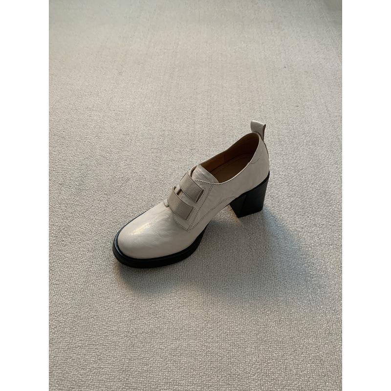 Cowhide version~ High-heeled platform loafers for women's commuting versatile thick-heeled single shoes with one pedal to increase the height of retro