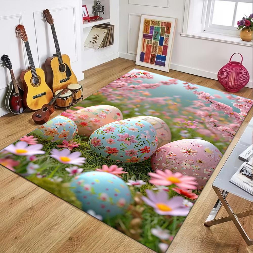 Spring Flower Easter Egg Pattern Carpet Fresh Festival Decor Non-Slip Soft Mat for Living Room Bedroom Home Decor