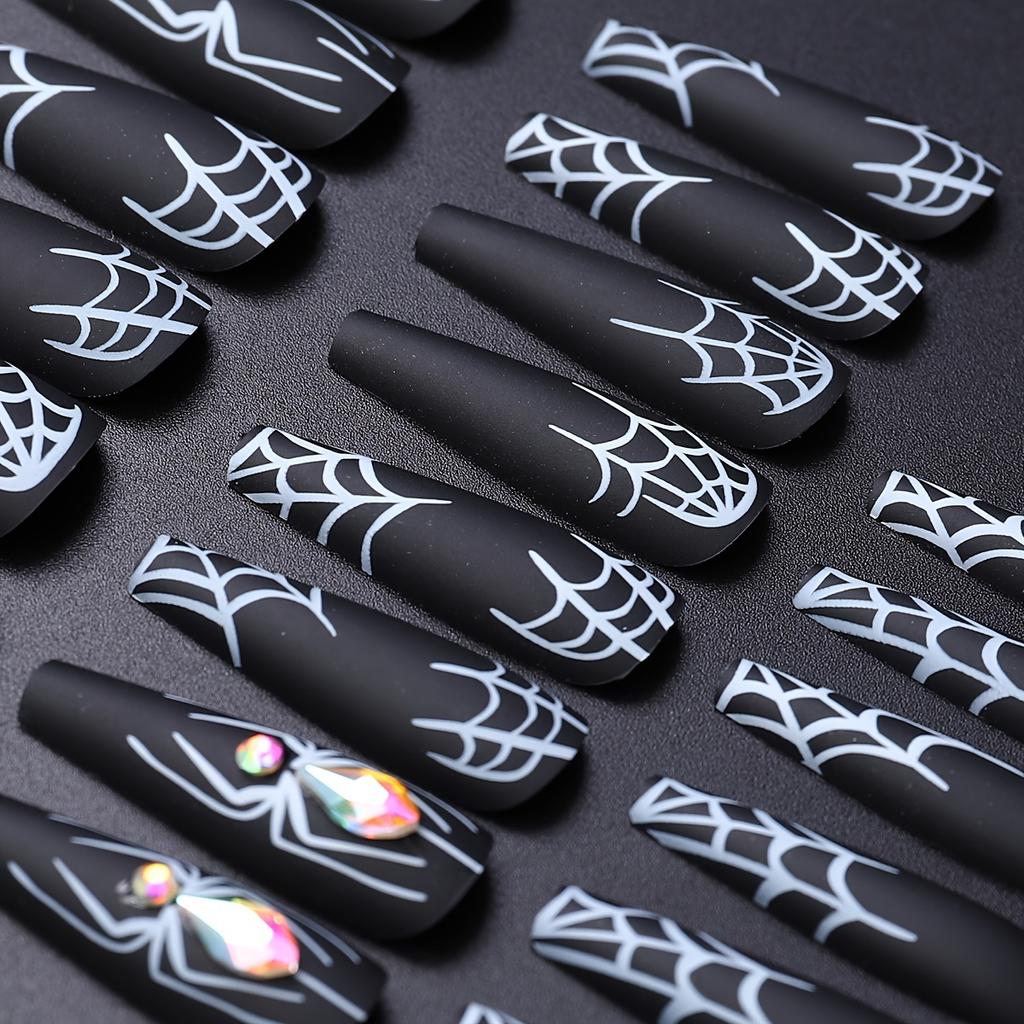 24pcs/set Long Ballet Shape Acrylic False Nails with 1 Jelly Gel and 1 Nail File, Spider and White Spider Pattern, 3D Rhinestone Press-on Nails