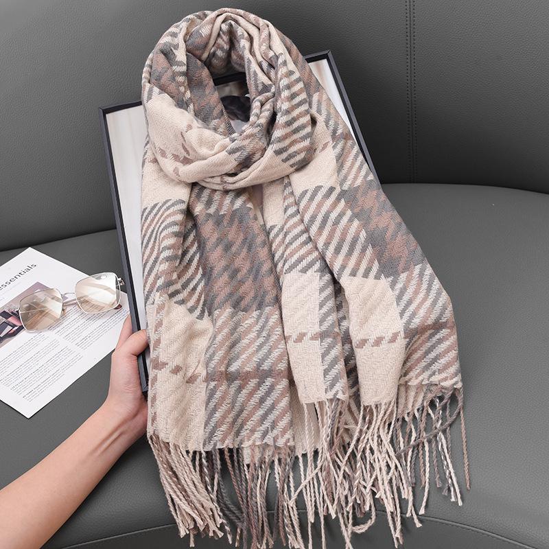 Korean High-End Houndstooth Imitation Cashmere Tassel Scarf - Women’s Autumn Winter Warm Shawl Neck Warmer.