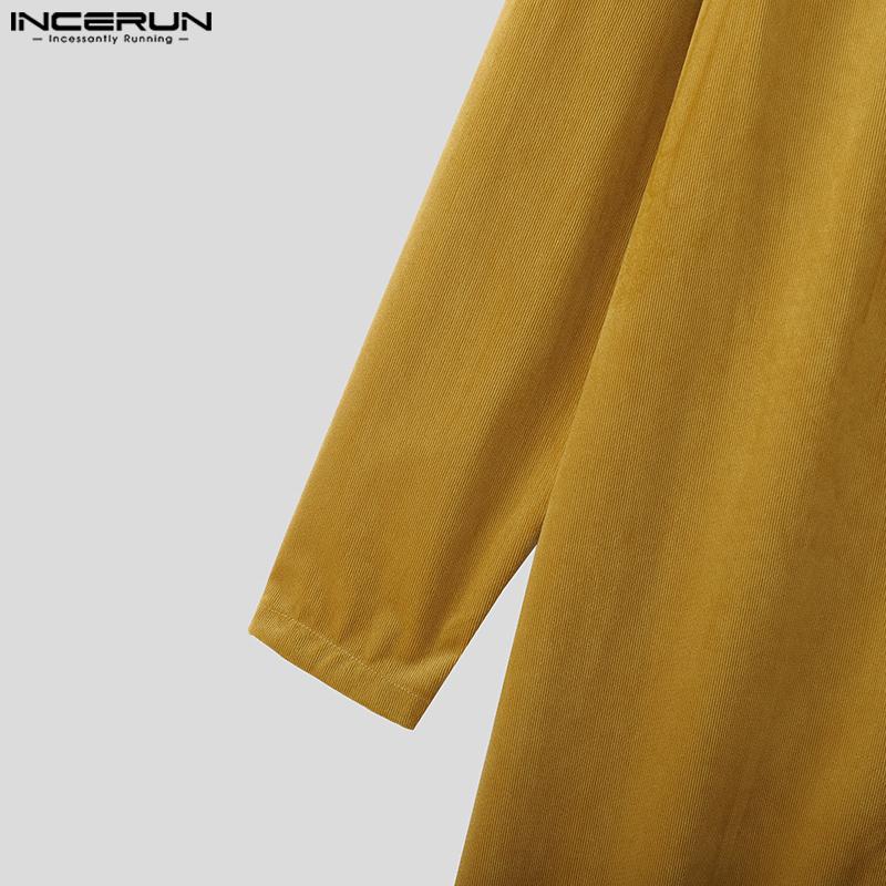 INCERUN Autumn Men Long Sleeve High Splits Open Front Long Corduroy Coats Windbreaker