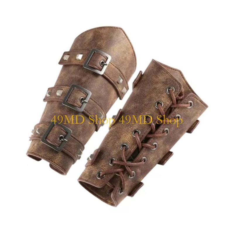 49MD Adjustable Wide Cuffs Men Cosplay Vintage Knight Wristbands Adjustable Metal Hole Gauntlets Gothic Wrist Armors