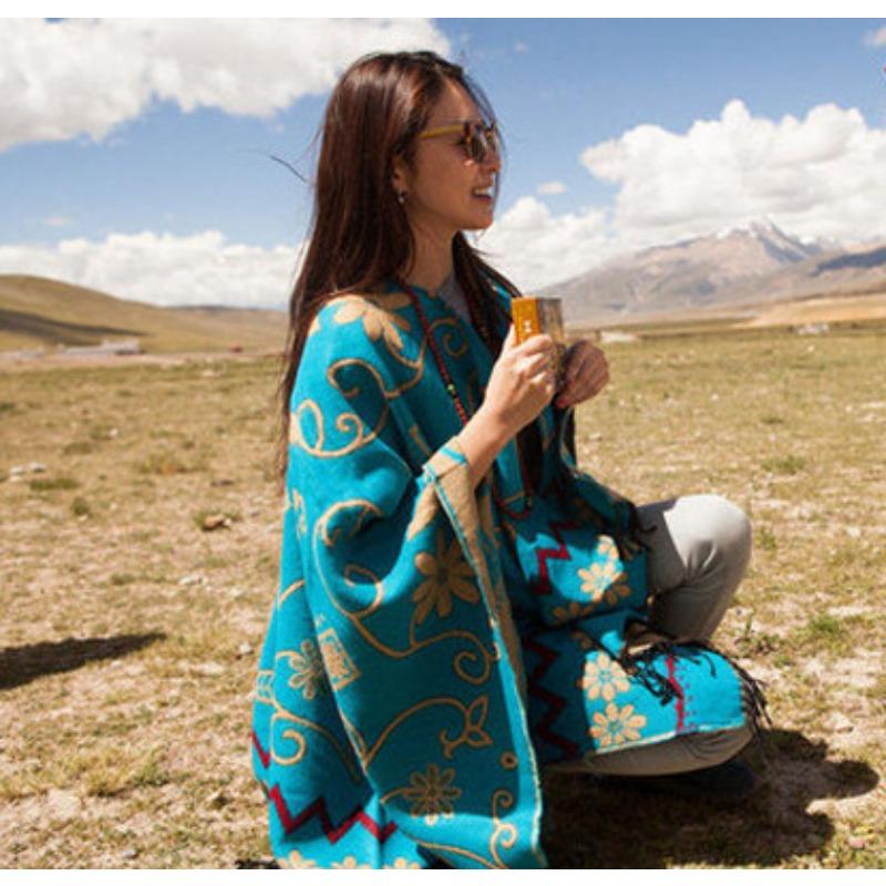 

Чжан Юйци осенне-зимний женский оверсайз утолщенный непальский подсолнух вязаный жаккардовый платок-шаль 150cm синий