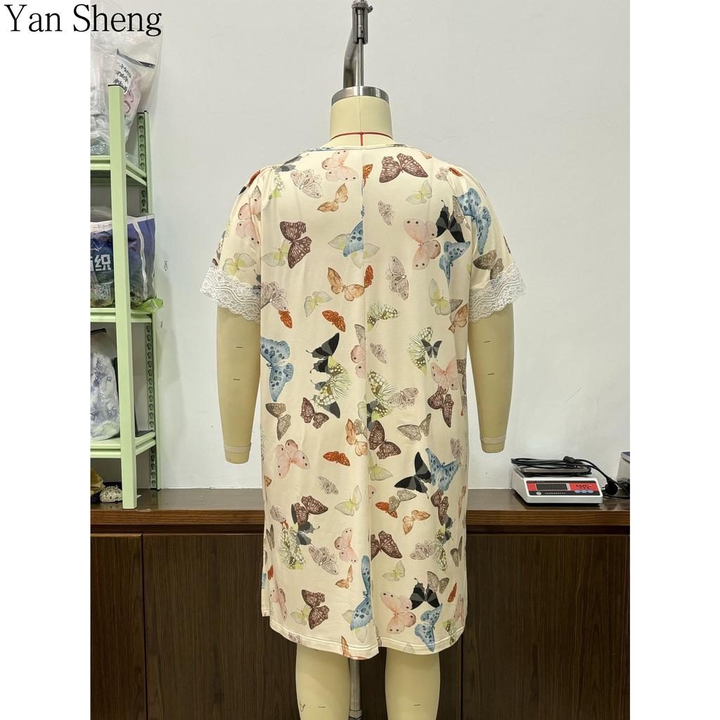 Plus Size Women Sexy Lace Nightgown, Soft Milk Silk Short Sleep Dress, Vintage Royal Palace Butterfly Print Lingerie Slip Chemise V Neck Loose Lounge