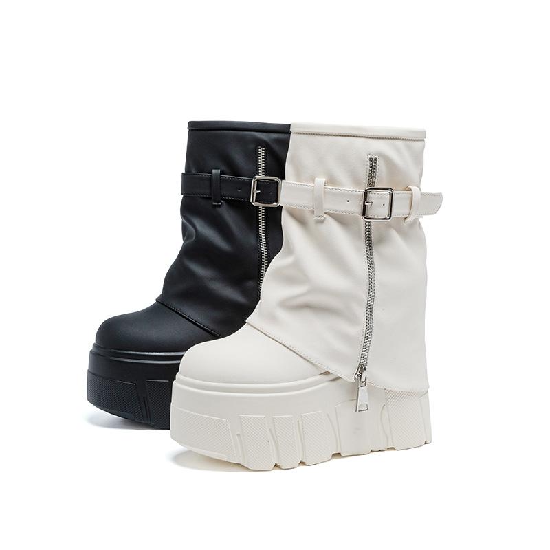 Boots women's short boots 2025 new thick-soled inner height-increasing stacking boots round head pants tube boots belt buckle niche design sense