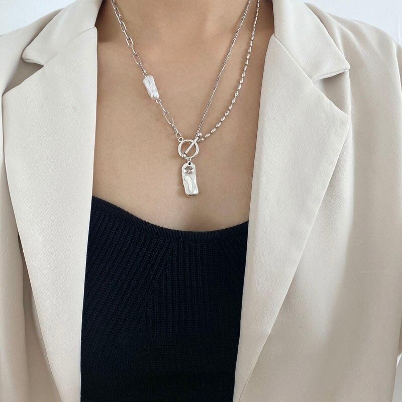 Collar de perlas barrocas irregulares de plata esterlina 925 para mujer, collar con cierre OT geométrico, joyería de fiesta nueva