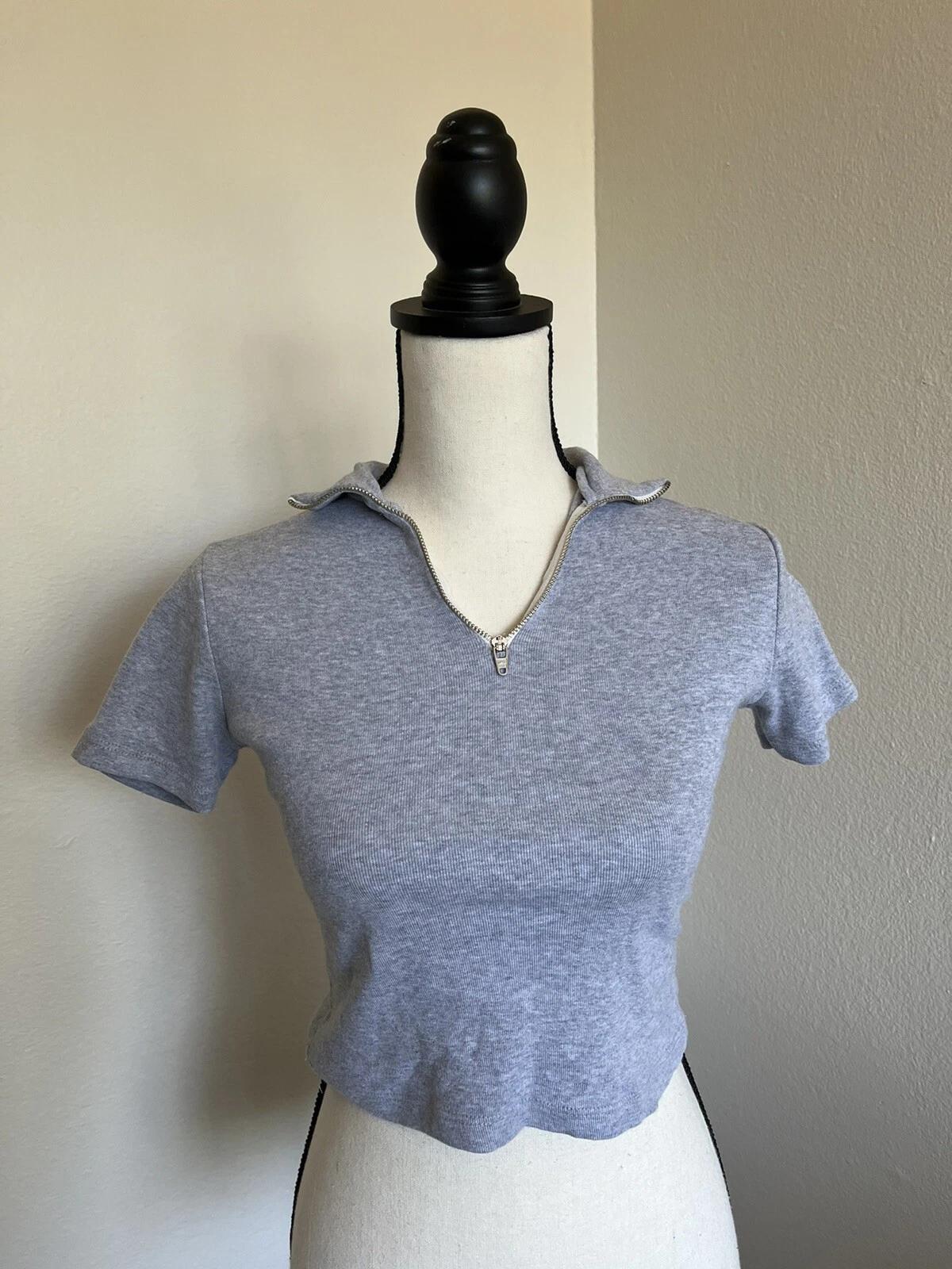 

Brandy Melville Серый хлопковый укороченный топ на молнии 1/4 с воротником Joan Один размер L