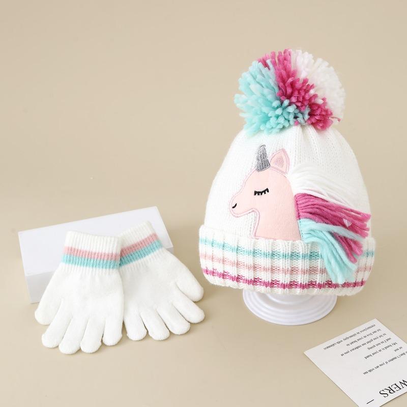 Three Piece Set of Children's Unicorn Hat, Scarf, Gloves, Winter Girl Cartoon Knitted Hat with Velvet Scarf