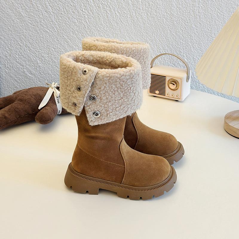 Korean Style Girls Kids Fleece Lined High Tube Solid Color Warm Martin Boots