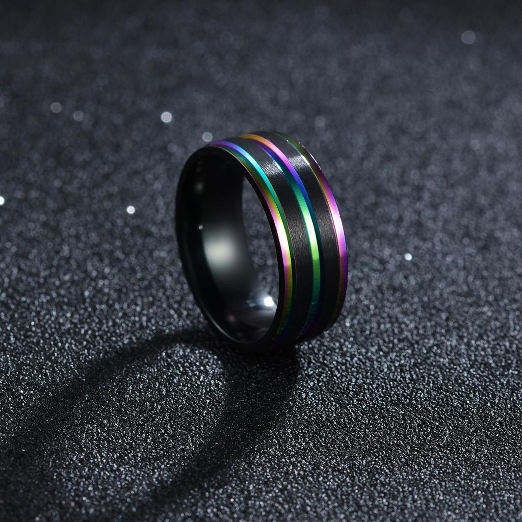 Black Stainless Steel Basic Ring for Men With Rainbow Line Classic Male Wedding Band Multi Color Fraternal Rings