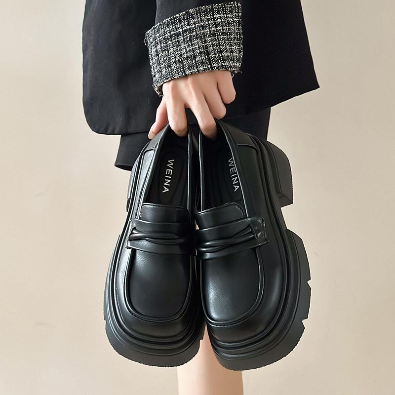 Platform thick heel British style small leather shoes women's 2025 new spring and autumn one-pedal women's shoes single shoes black loafers