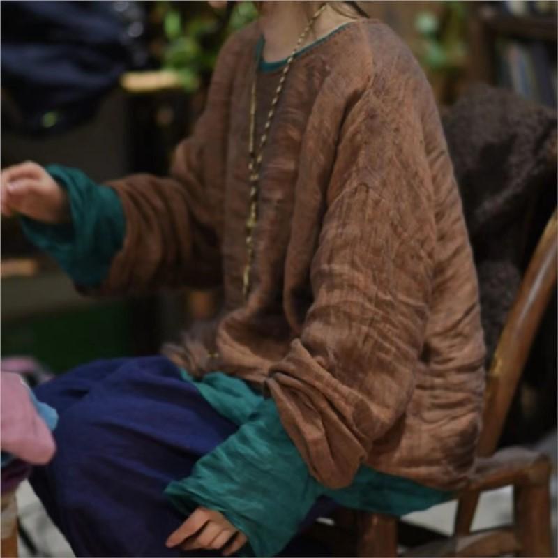 Johnature Mode Vintage Volltonfarbe Lose Casual T-Shirt Frau Frühling Chinesischen Stil O-Ausschnitt Lange Ärmeln T-Shirt