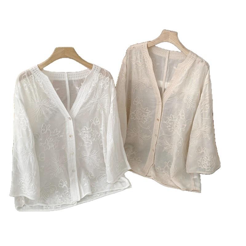 Summer Lightweight Three-quarter Sleeve Single-button Sun Protection Cardigan New Style Embroidered V-neck Shirt Loose Top