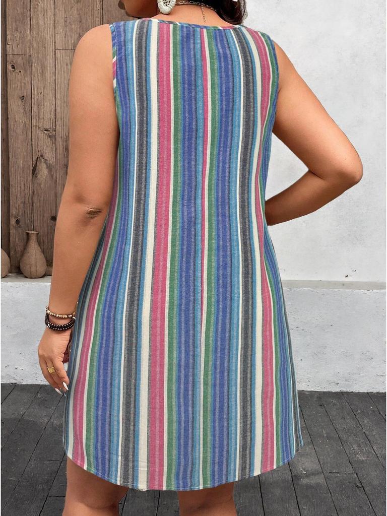 2026 Summer Fashion: Striped Sleeveless Dress with Button Pockets, Women's Casual European & American Style.