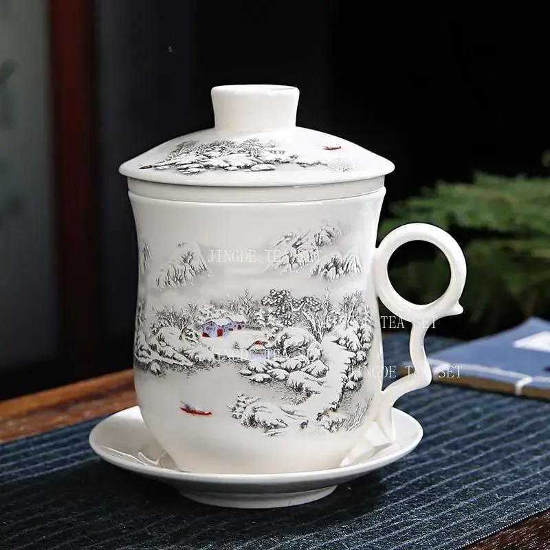 4-teiliges Teetassen-Set Persönliche Teetasse Keramik mit innerem Filter und Deckel Wasserbecher Blau-Weißes Porzellan Büro Konferenzbecher