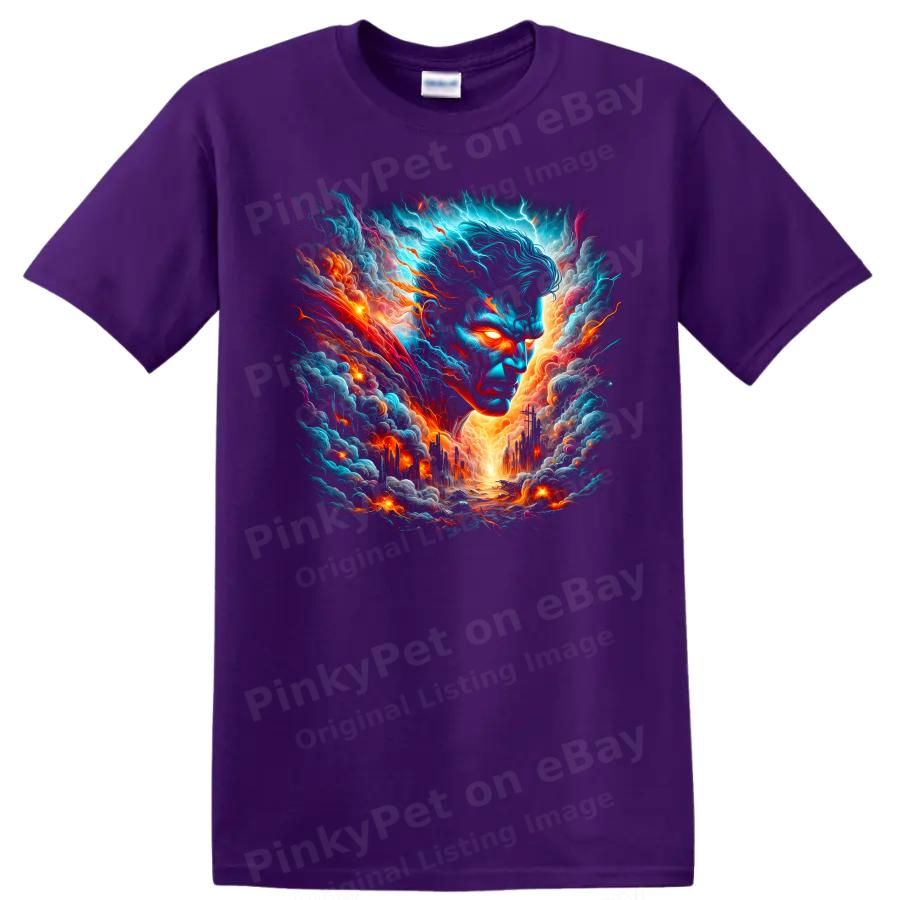 Superman Cosmic Storm T Shirt W/ Electric Sky Fiery City Art Graphic Hero Tee