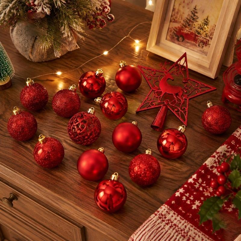 Plastic Christmas Tree Bauble Set, 101-Count Assortment with Mixed Finishes, Varied Ball Styles, and Cutout Star Toppers
