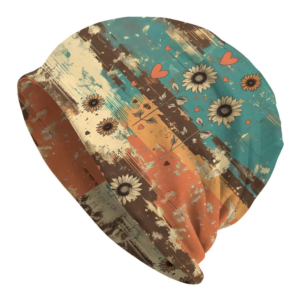 Men & Women's Vintage Streetwear Skull Cap Beanie with Sunflower & Hearts - Thin Hip-Hop Hat Suitable for Autumn, Spring, Skiing, Machine Washable, Un