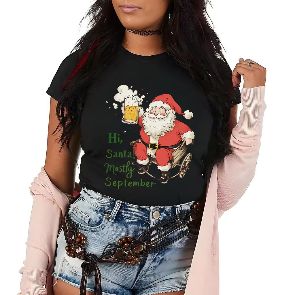 Merry Christmas  Santa Claus Cheers Beer Fun Printed Pattern Tshirt Short Sleeve Round Neck Versatile Womens Tshirt