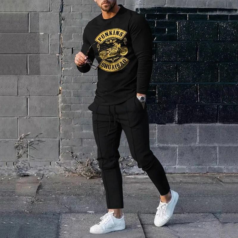 Men's casual sportswear men's sports two-piece fashionable 3D printed vintage clothing long sleeved shirt pants set pants suit