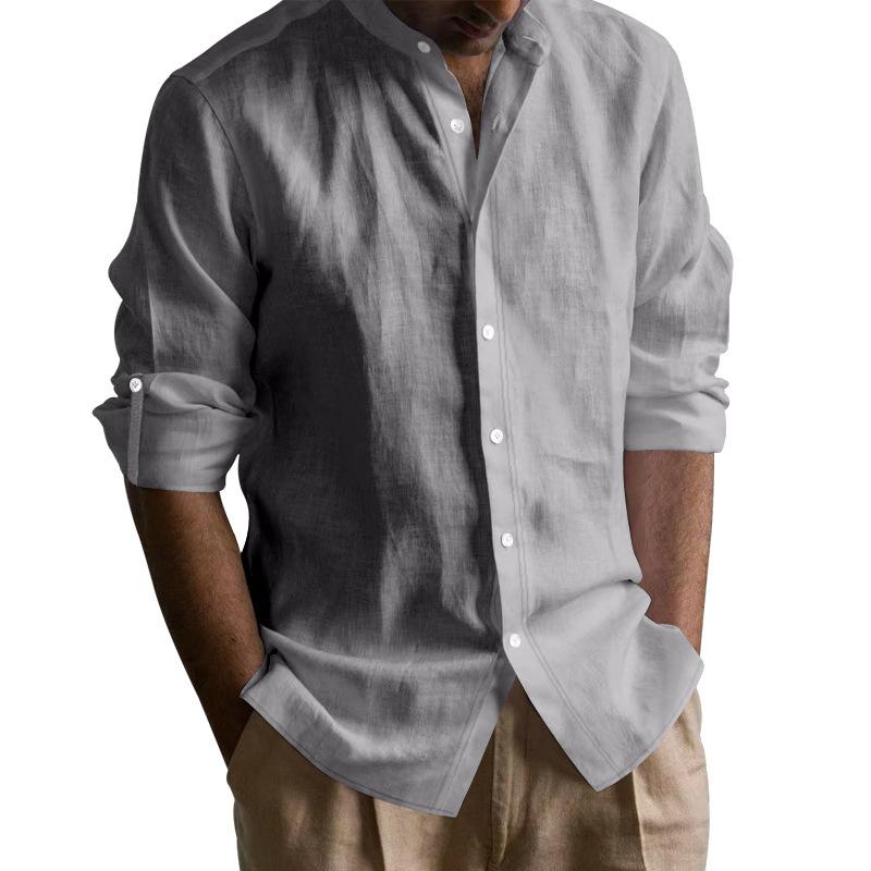 Cotton Linen Hot Sale Men's Long-Sleeved Shirts Summer Solid Color Stand-Up Collar Casual Beach Style Plus Size