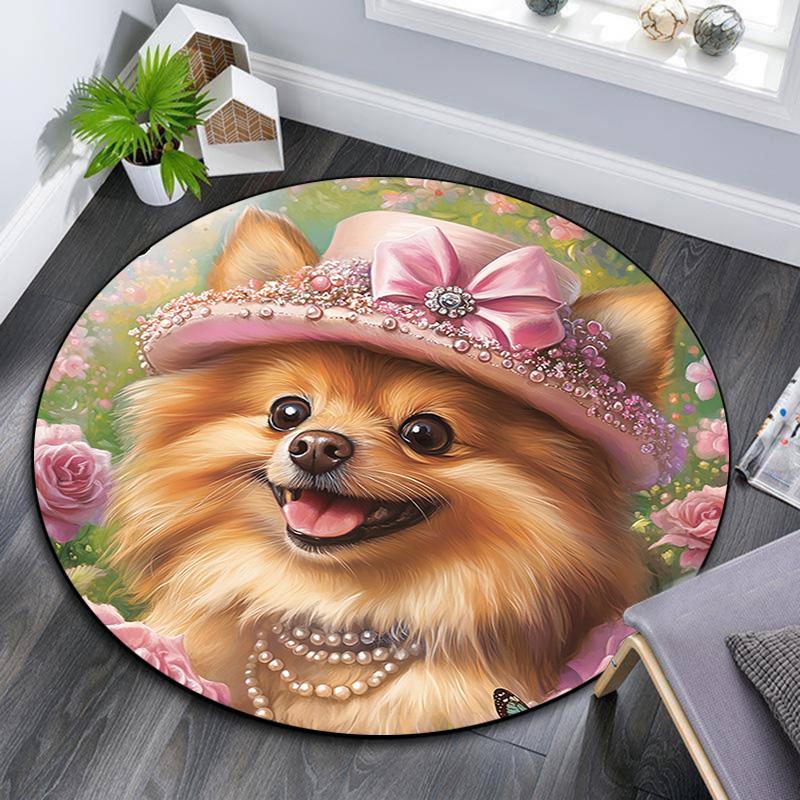 

Pomeranian in Pink Hat Round Area Rug,Carpet Rug for Living Room Bedroom Sofa Playroom Decor,Non-slip Floor Mat 80cmx80cm