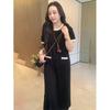 Plus Size French Round Neck Color Block Short Sleeve Dress - Elegant Summer Slimming Long Skirt for Women