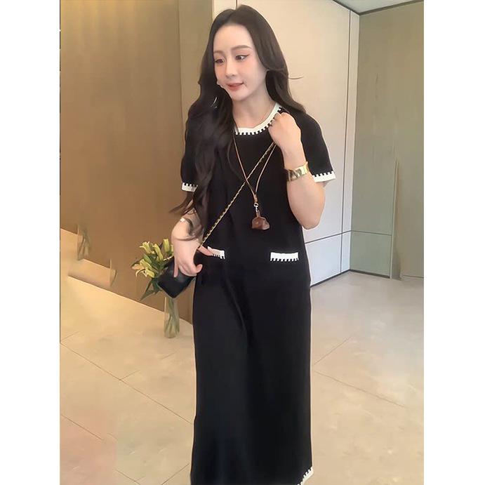 Plus Size French Round Neck Color Block Short Sleeve Dress - Elegant Summer Slimming Long Skirt for Women